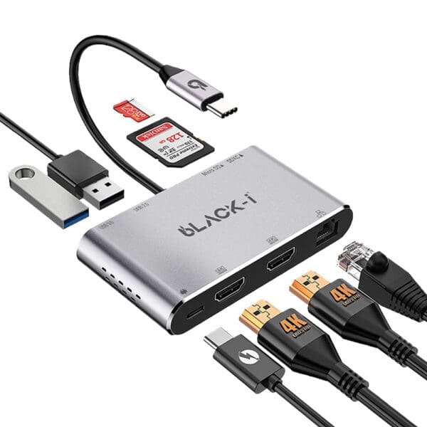 Powerful Connectivity - Type-C 8 in 1 Docking station with Dual HDMI / USB3.0 / USB2.0 / Type-C PD / Micro SD Card / SD Card / Gigabit Lan